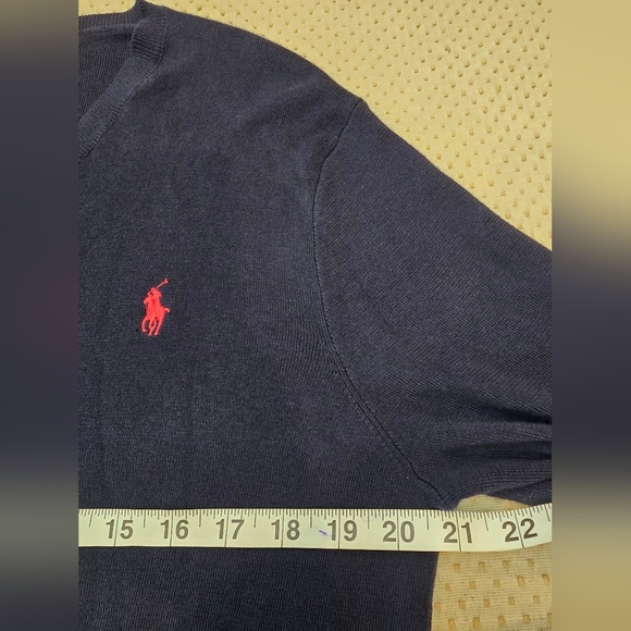Polo Ralph Lauren Mens V-Neck Sweater Size Med  100% Pima Cotton Navy Blue Logo - Picture 3 of 9